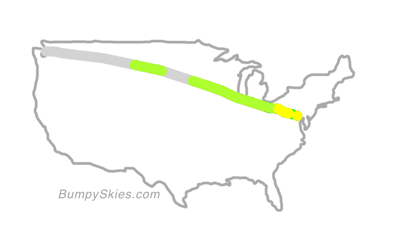 Map of continental US with illustrated flight path and turbulence forecast (described in text below)