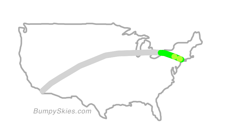 Map of continental US with illustrated flight path and turbulence forecast (described in text below)