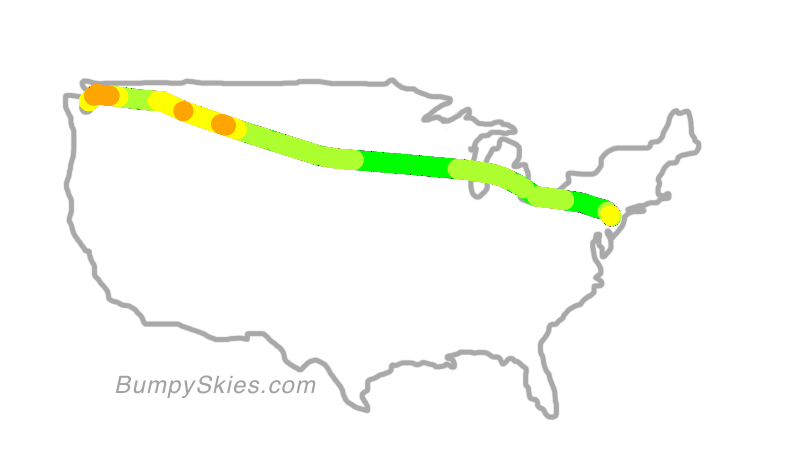 Map of continental US with illustrated flight path and turbulence forecast (described in text below)