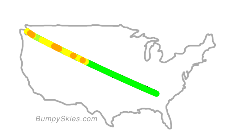Map of continental US with illustrated flight path and turbulence forecast (described in text below)