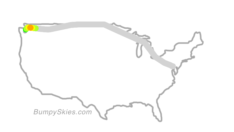 Map of continental US with illustrated flight path and turbulence forecast (described in text below)