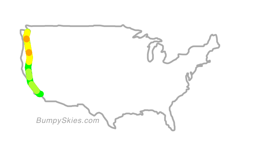 Map of continental US with illustrated flight path and turbulence forecast (described in text below)