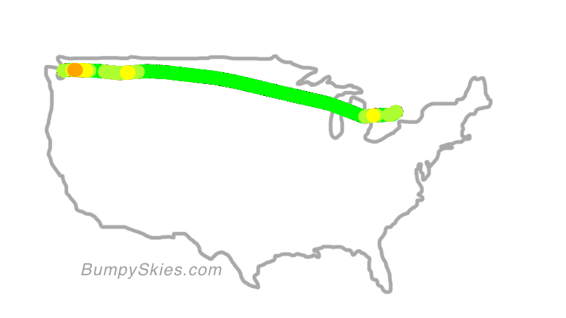 Map of continental US with illustrated flight path and turbulence forecast (described in text below)