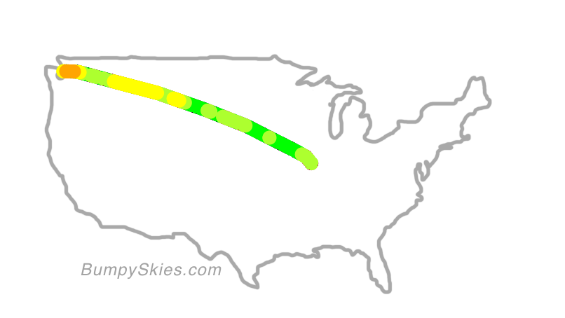 Map of continental US with illustrated flight path and turbulence forecast (described in text below)