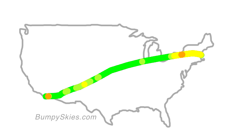 Map of continental US with illustrated flight path and turbulence forecast (described in text below)