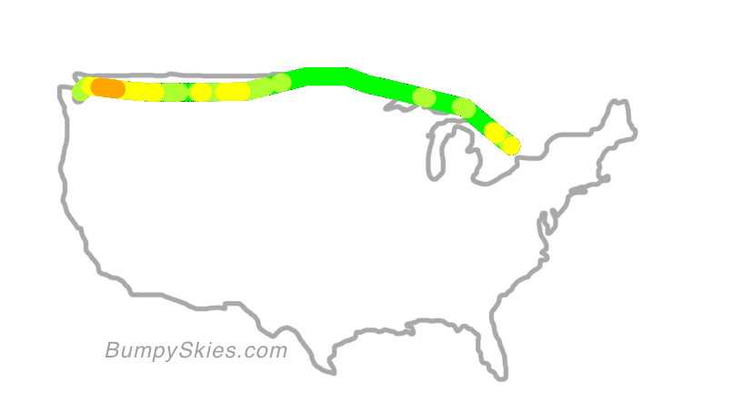 Map of continental US with illustrated flight path and turbulence forecast (described in text below)