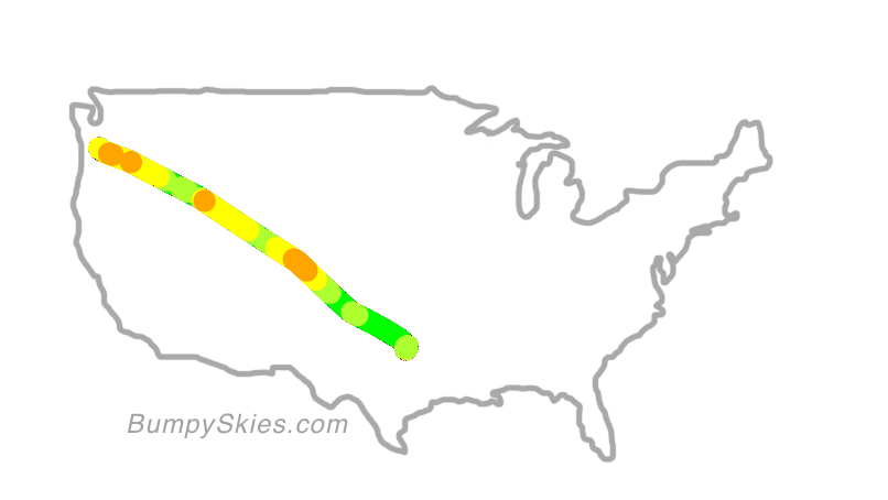 Map of continental US with illustrated flight path and turbulence forecast (described in text below)