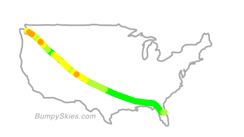 Map of continental US with illustrated flight path and turbulence forecast (described in text below)