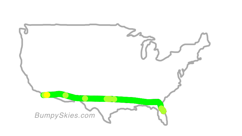 Map of continental US with illustrated flight path and turbulence forecast (described in text below)