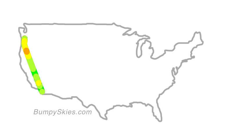 Map of continental US with illustrated flight path and turbulence forecast (described in text below)