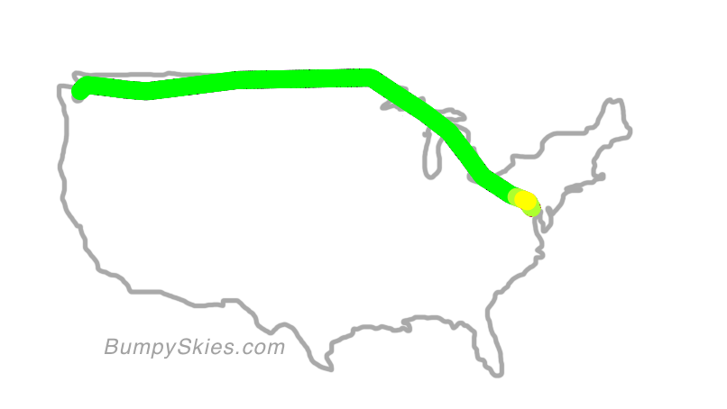 Map of continental US with illustrated flight path and turbulence forecast (described in text below)