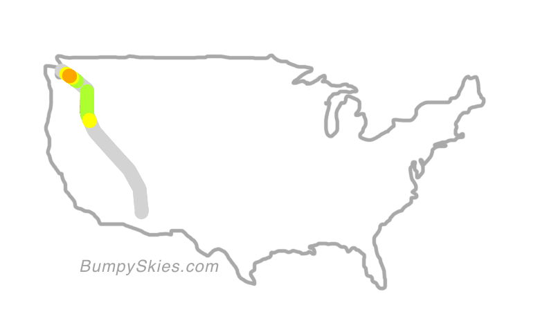 Map of continental US with illustrated flight path and turbulence forecast (described in text below)