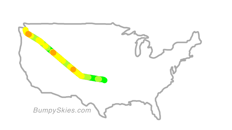 Map of continental US with illustrated flight path and turbulence forecast (described in text below)