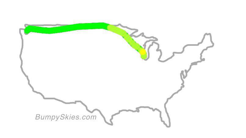 Map of continental US with illustrated flight path and turbulence forecast (described in text below)