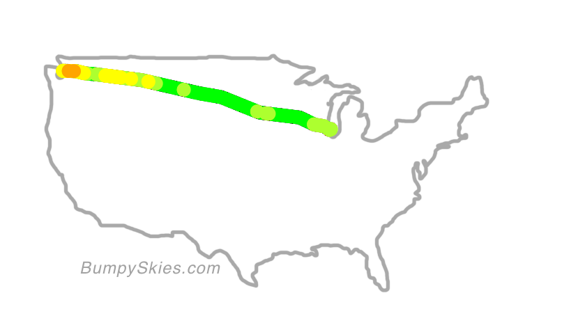 Map of continental US with illustrated flight path and turbulence forecast (described in text below)