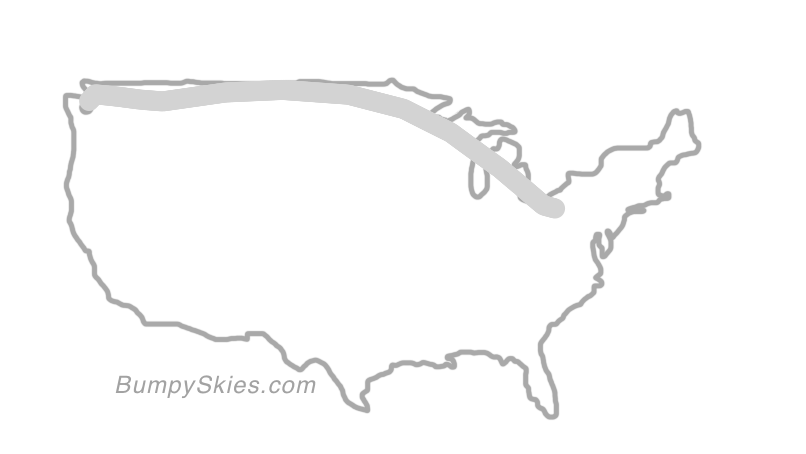 Map of continental US with illustrated flight path and turbulence forecast (described in text below)