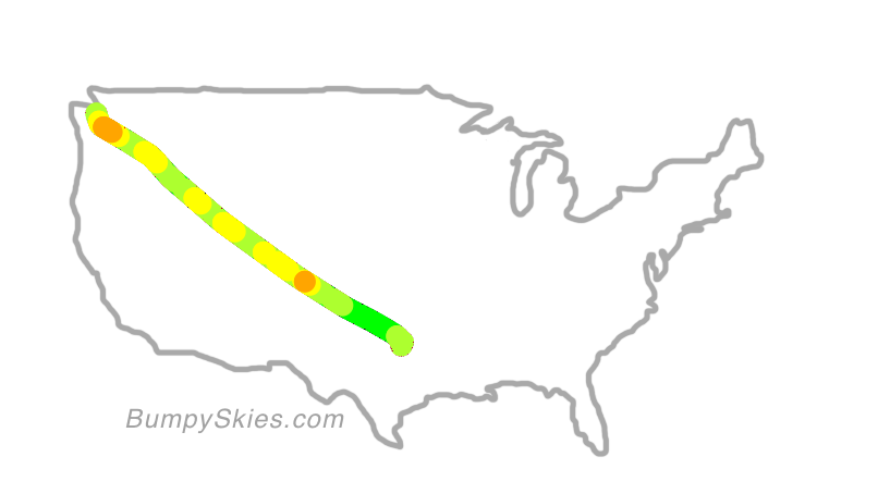 Map of continental US with illustrated flight path and turbulence forecast (described in text below)
