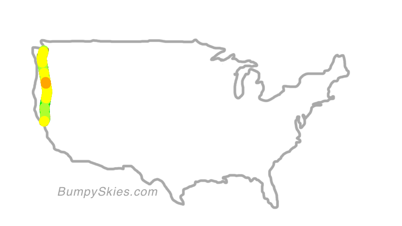 Map of continental US with illustrated flight path and turbulence forecast (described in text below)