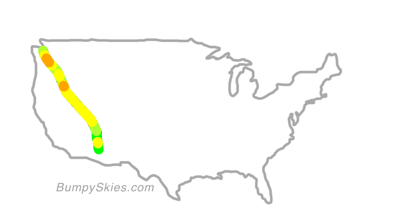 Map of continental US with illustrated flight path and turbulence forecast (described in text below)