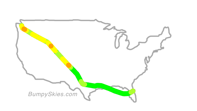 Map of continental US with illustrated flight path and turbulence forecast (described in text below)
