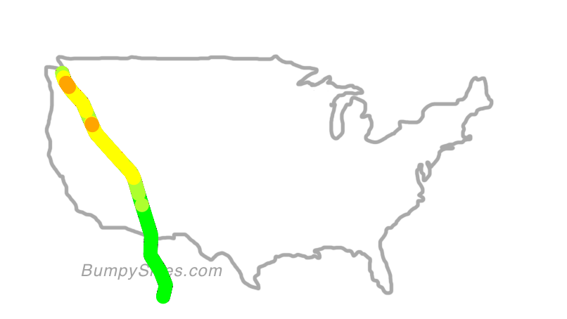 Map of continental US with illustrated flight path and turbulence forecast (described in text below)