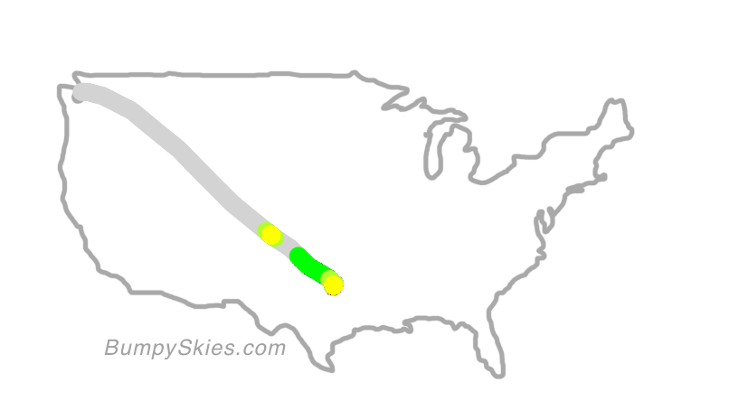 Map of continental US with illustrated flight path and turbulence forecast (described in text below)