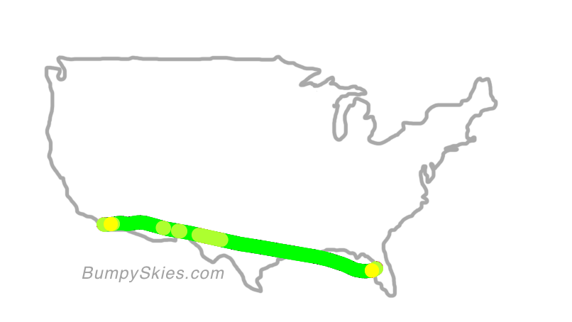 Map of continental US with illustrated flight path and turbulence forecast (described in text below)