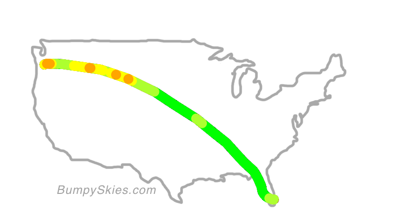 Map of continental US with illustrated flight path and turbulence forecast (described in text below)