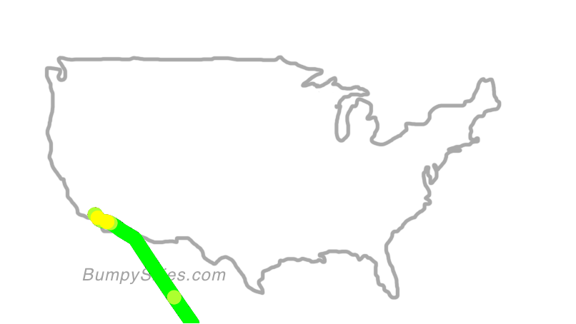 Map of continental US with illustrated flight path and turbulence forecast (described in text below)