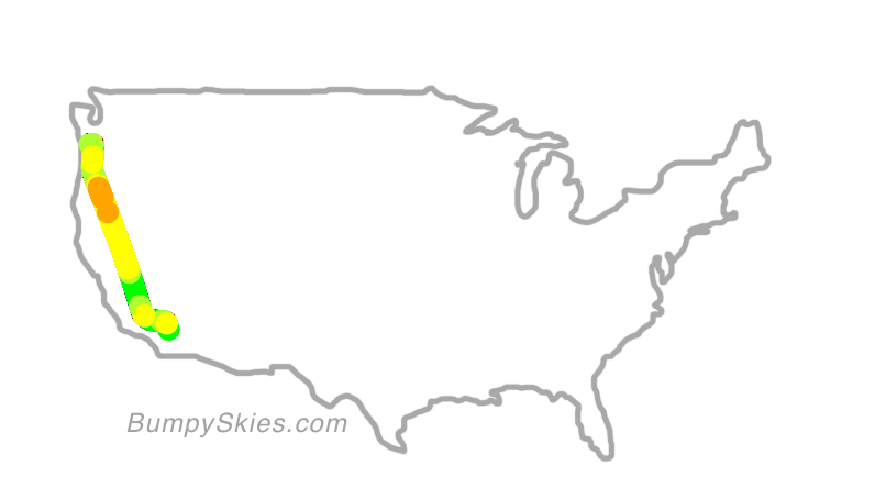 Map of continental US with illustrated flight path and turbulence forecast (described in text below)