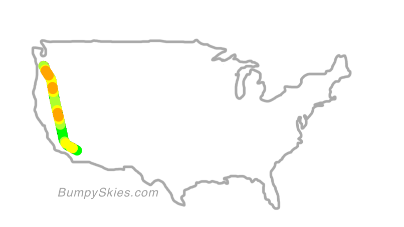 Map of continental US with illustrated flight path and turbulence forecast (described in text below)