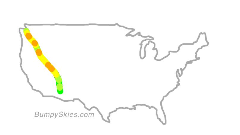 Map of continental US with illustrated flight path and turbulence forecast (described in text below)