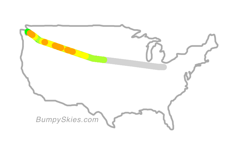 Map of continental US with illustrated flight path and turbulence forecast (described in text below)