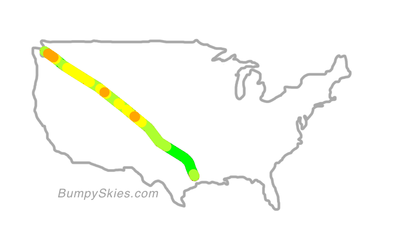 Map of continental US with illustrated flight path and turbulence forecast (described in text below)