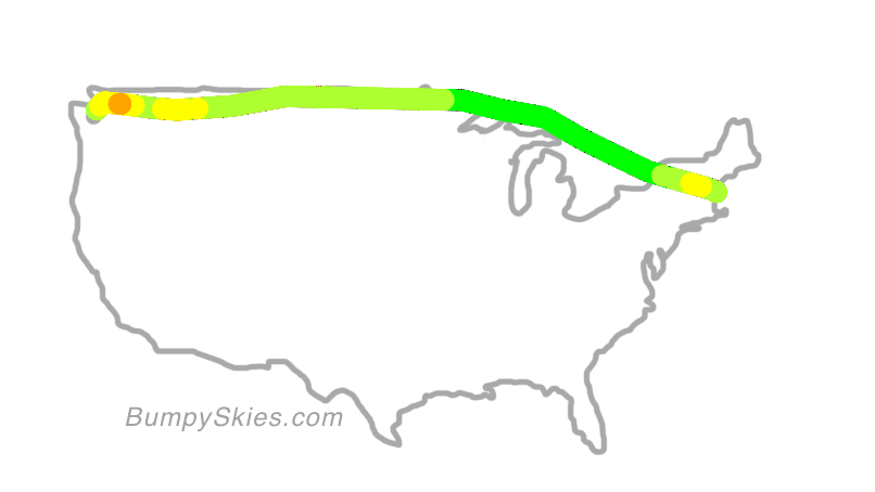 Map of continental US with illustrated flight path and turbulence forecast (described in text below)