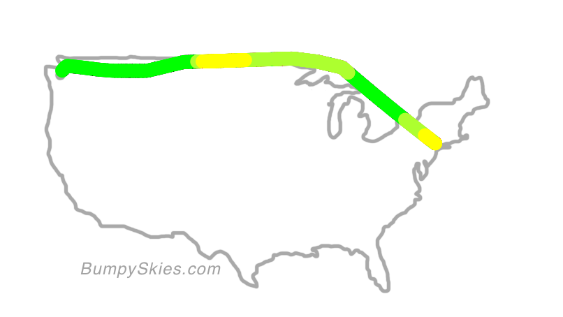 Map of continental US with illustrated flight path and turbulence forecast (described in text below)