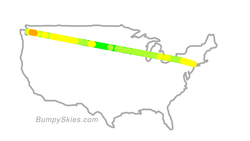 Map of continental US with illustrated flight path and turbulence forecast (described in text below)
