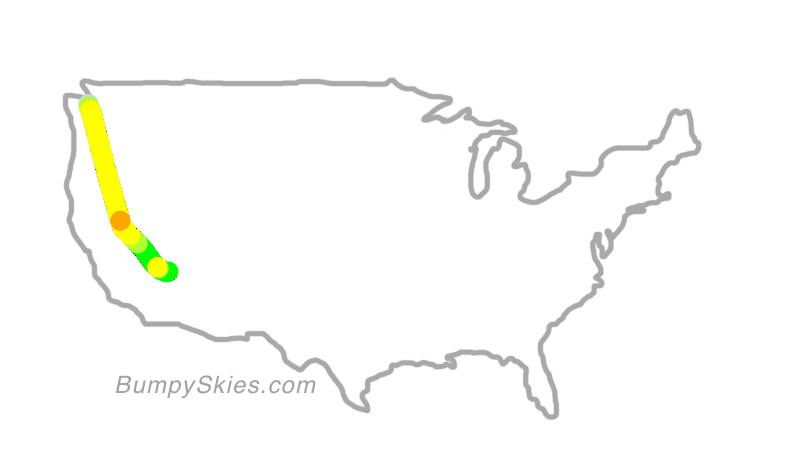 Map of continental US with illustrated flight path and turbulence forecast (described in text below)