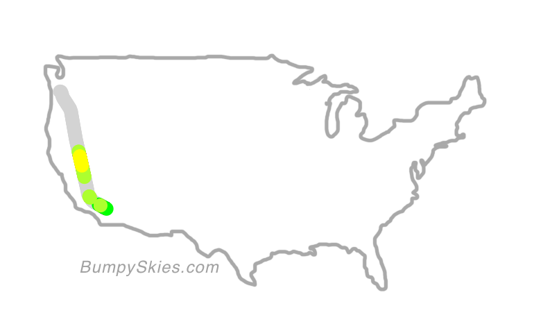 Map of continental US with illustrated flight path and turbulence forecast (described in text below)