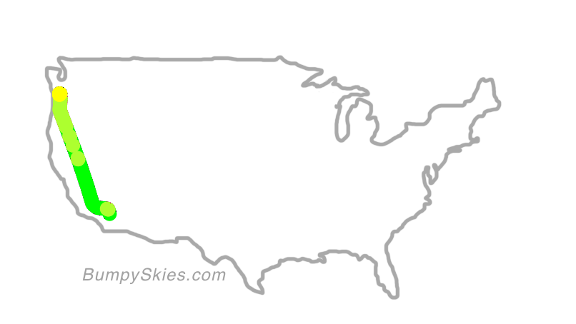 Map of continental US with illustrated flight path and turbulence forecast (described in text below)