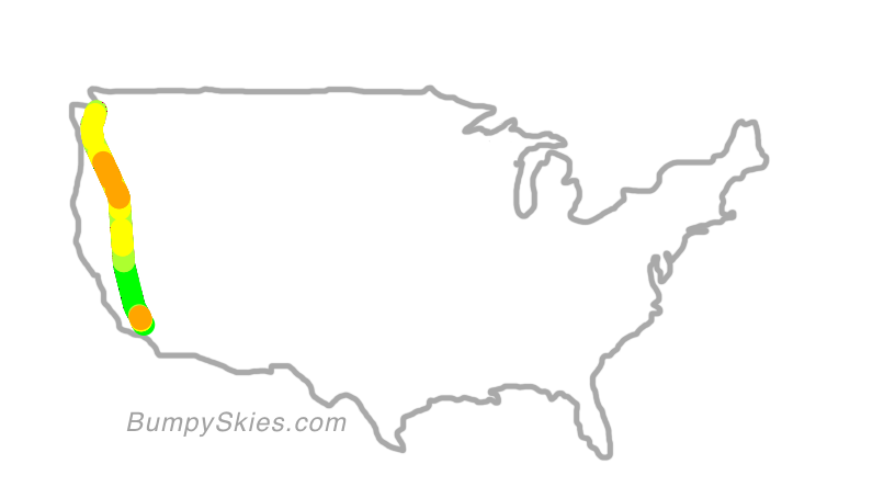 Map of continental US with illustrated flight path and turbulence forecast (described in text below)