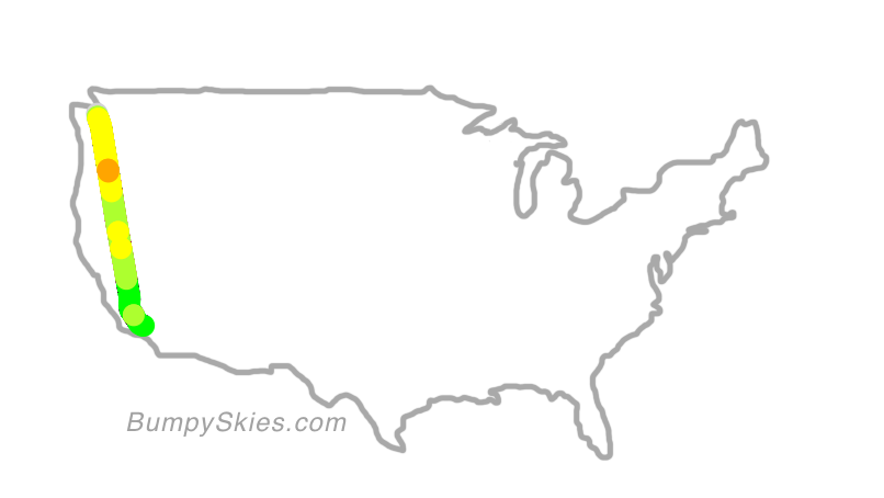 Map of continental US with illustrated flight path and turbulence forecast (described in text below)