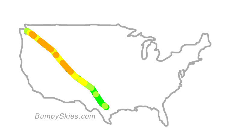 Map of continental US with illustrated flight path and turbulence forecast (described in text below)
