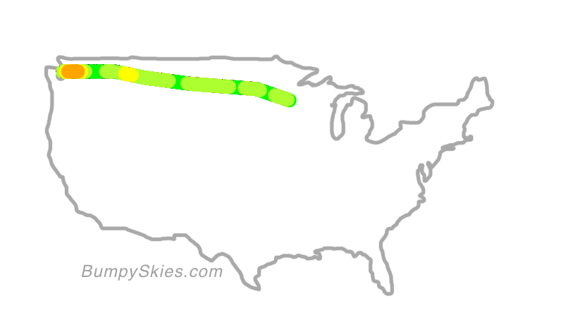 Map of continental US with illustrated flight path and turbulence forecast (described in text below)