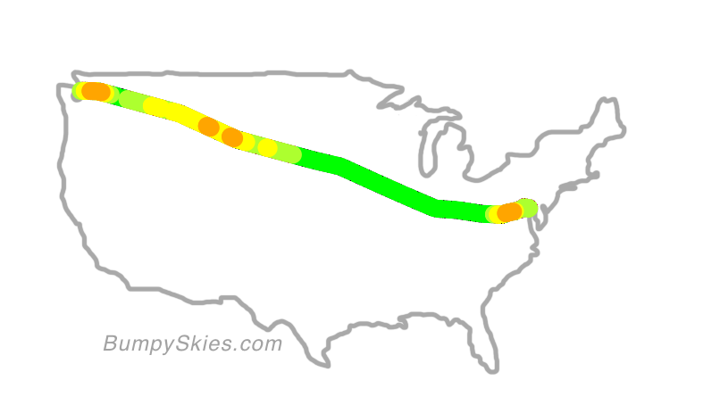 Map of continental US with illustrated flight path and turbulence forecast (described in text below)
