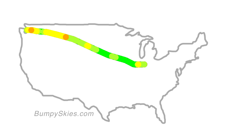 Map of continental US with illustrated flight path and turbulence forecast (described in text below)