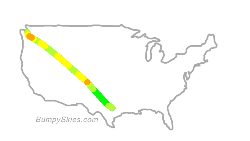 Map of continental US with illustrated flight path and turbulence forecast (described in text below)