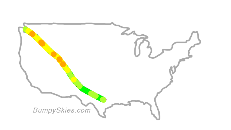 Map of continental US with illustrated flight path and turbulence forecast (described in text below)