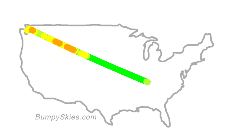 Map of continental US with illustrated flight path and turbulence forecast (described in text below)