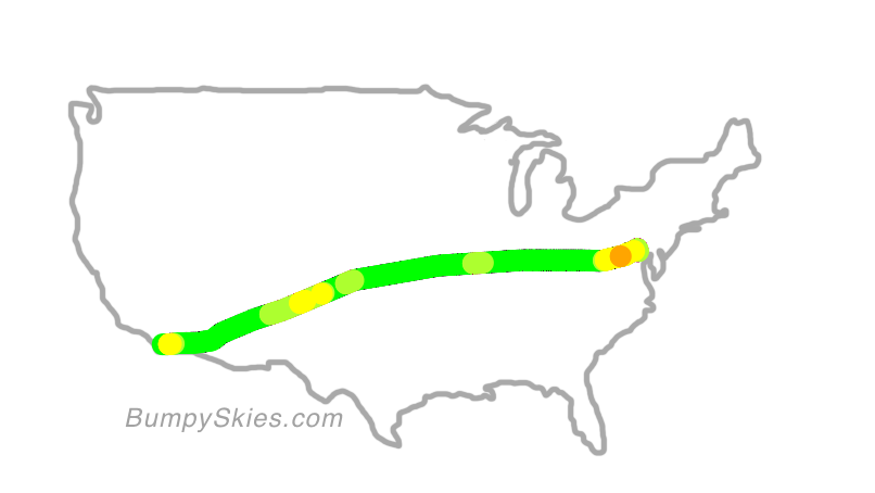 Map of continental US with illustrated flight path and turbulence forecast (described in text below)